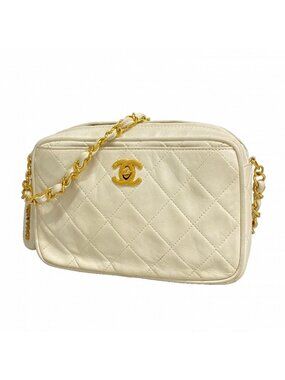 Chanel Shoulder Bag Quilted Lambskin White Gold